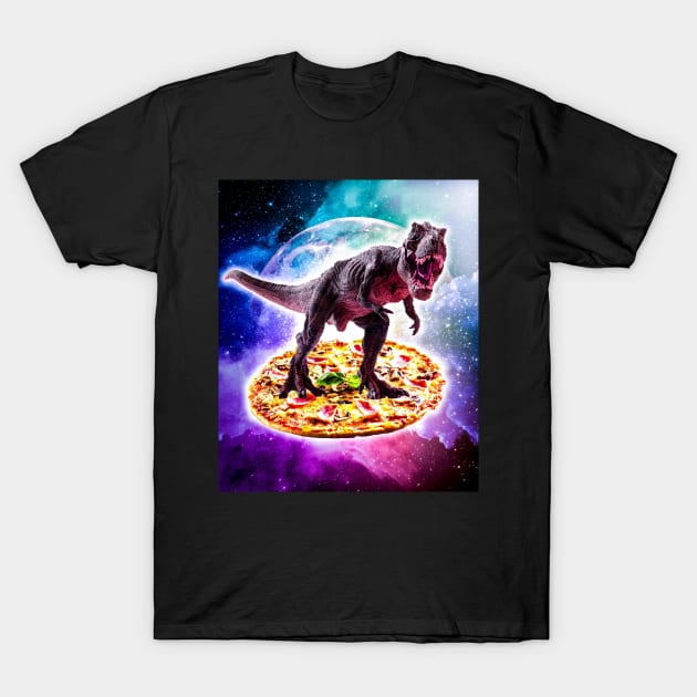 Tyrannosaurus Rex Dinosaur Riding Pizza In Space T-Shirt by Random Galaxy